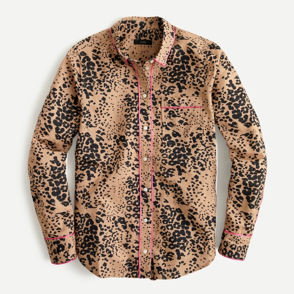 J. Crew Brown Black Linen Cotton Leopard Print Button Down Shirt